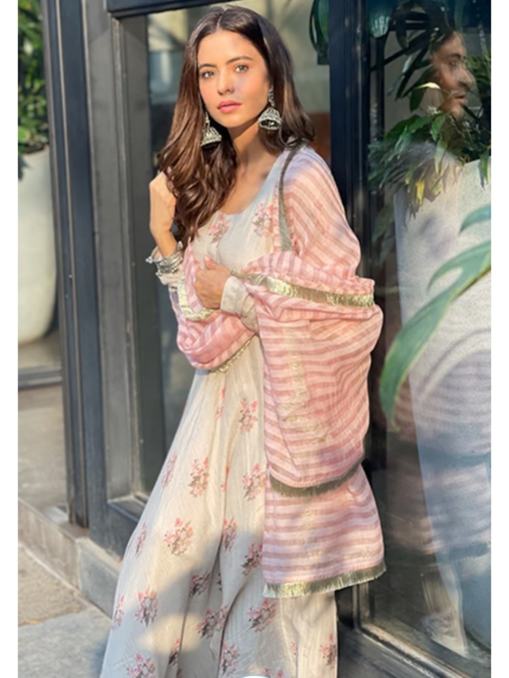 Ambara Grey Digital Printed Anarkali With Chooridar And Organza Dupatta. BUST-24